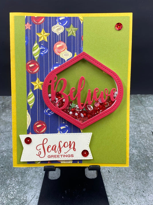 Season Greetings with Believe Ornament Shaker Card