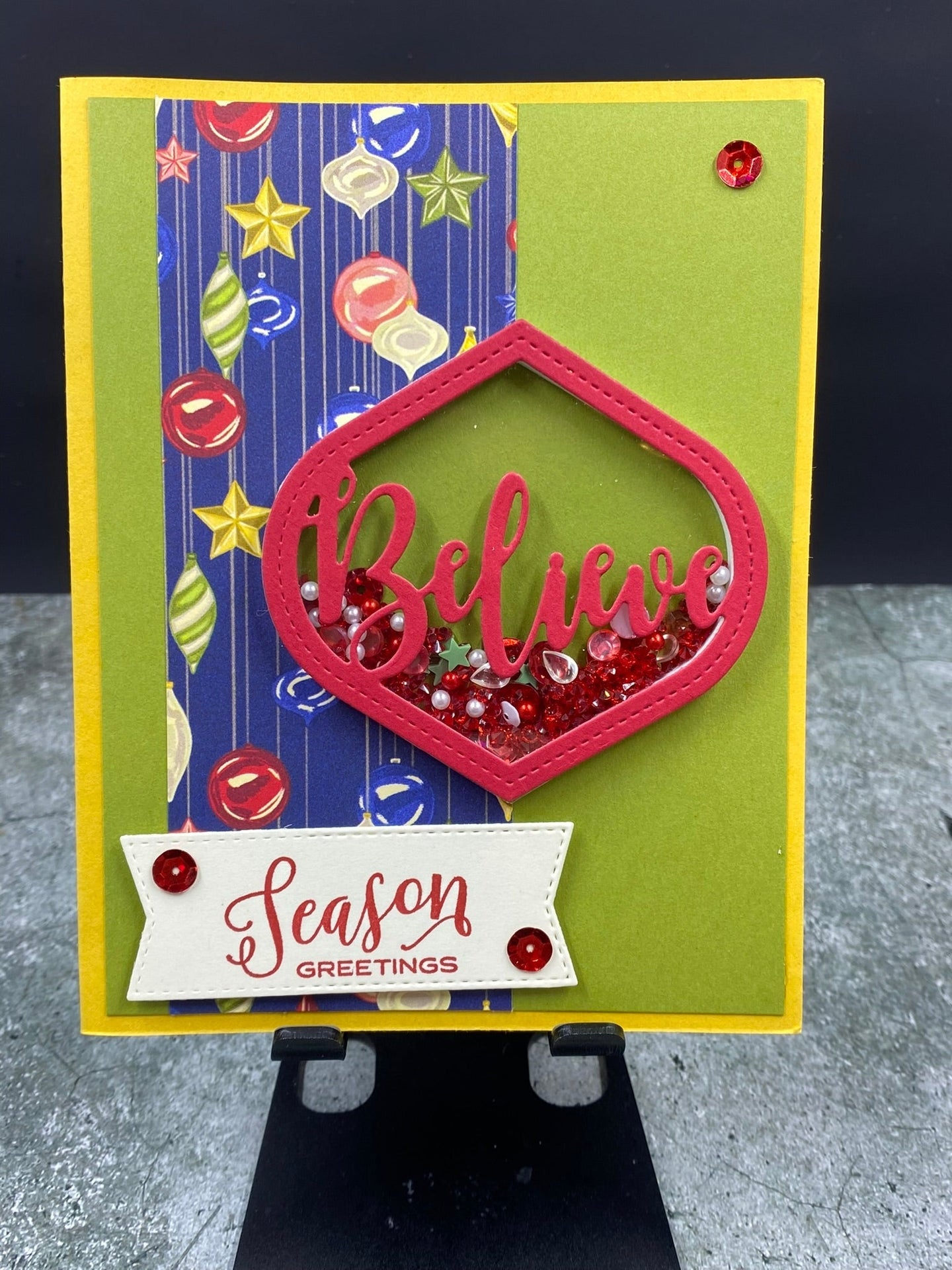 Season Greetings with Believe Ornament Shaker Card