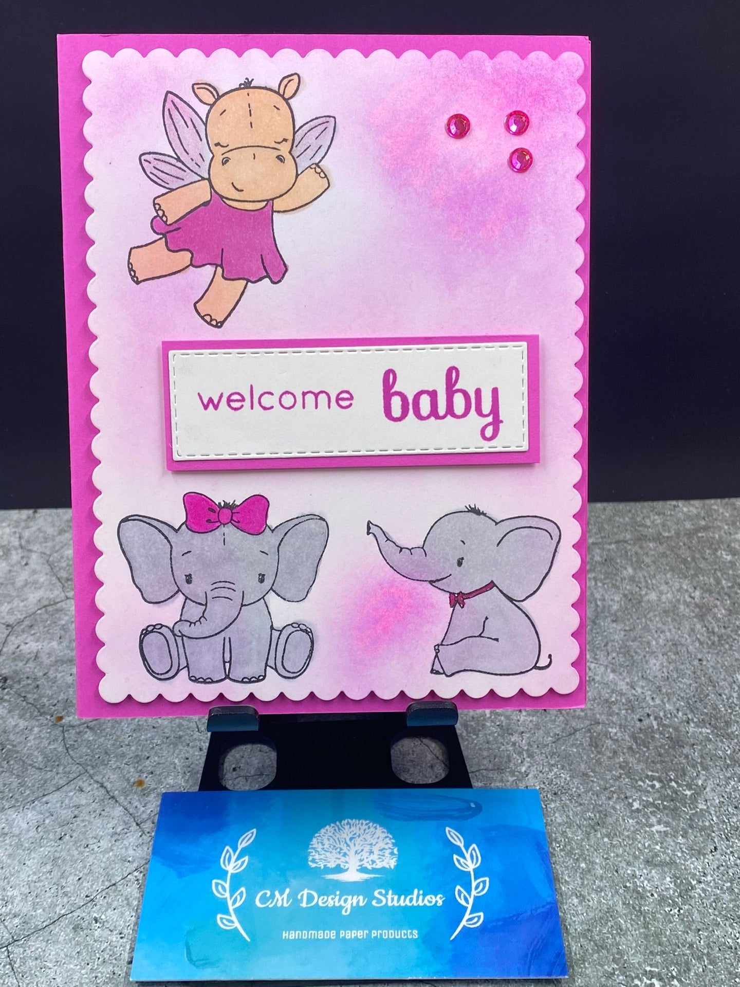 Pink Welcome Baby Card Elephants and Hippo