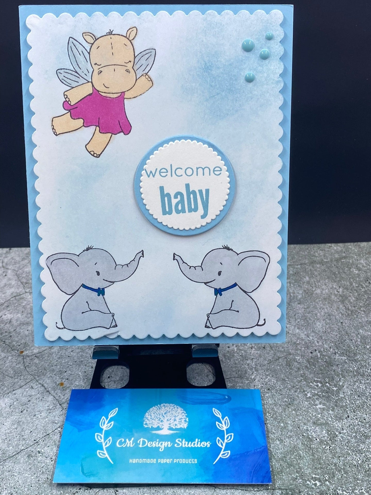 Blue Welcome Baby Card Elephants and Hippo