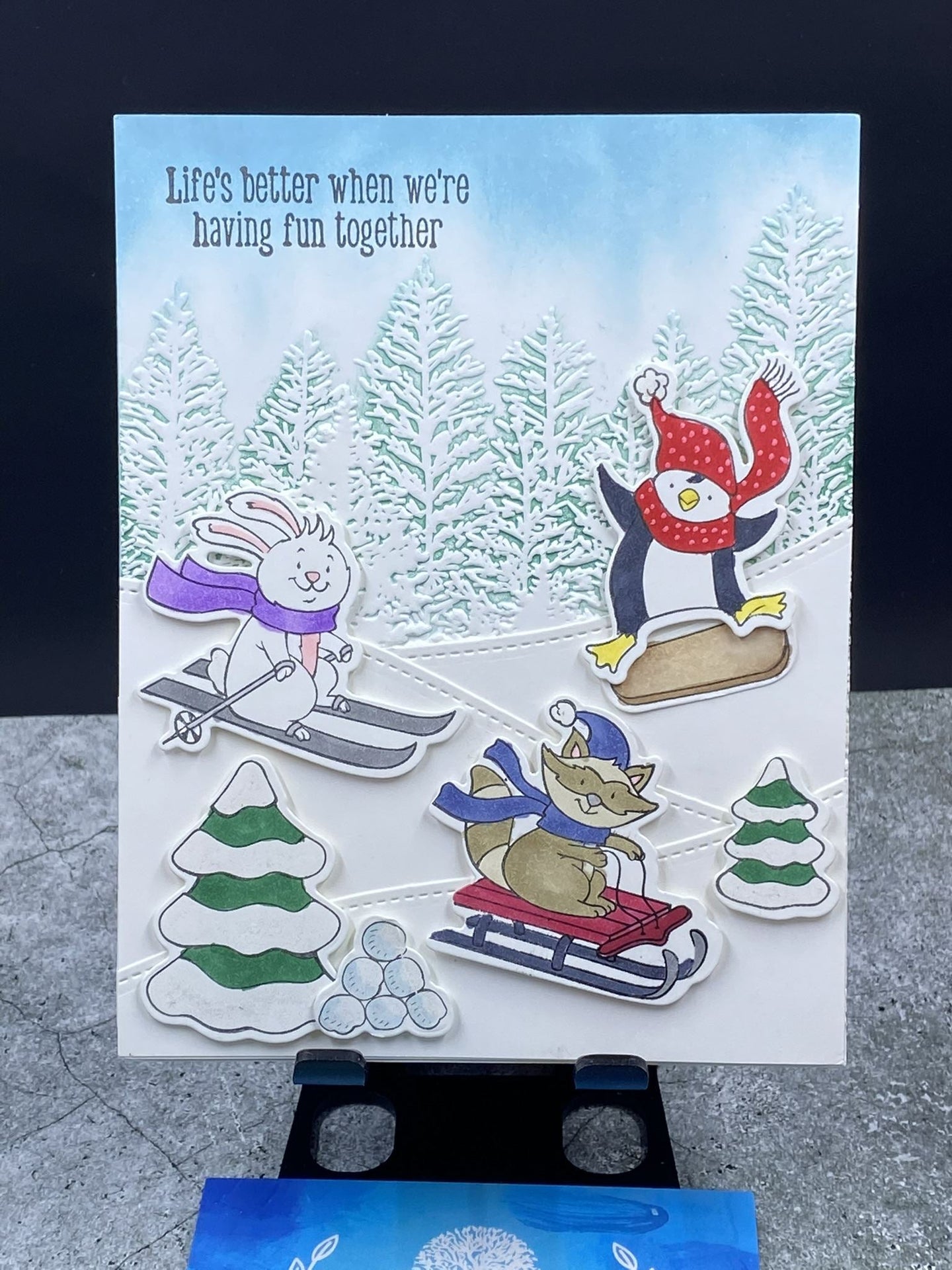 Skiing Rabbit, Penguin, Raccoon Holiday Card
