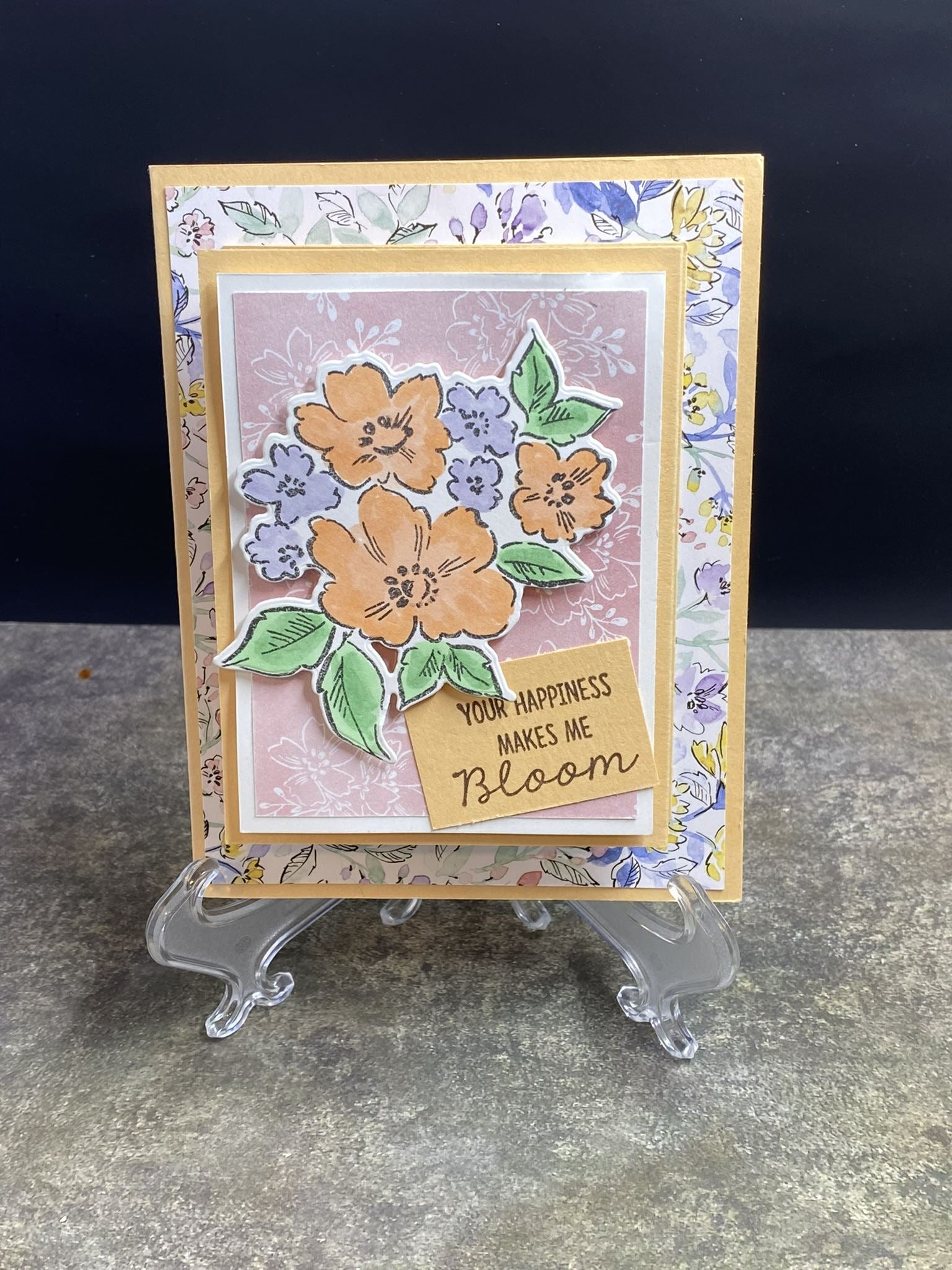 Greeting Card Handmade: Outside Sentiment "Your Happiness Makes Me Bloom" Inside Greeting "Spread Love Everywhere You Go Let No One Ever Come To You Without Leaving Happier - Mother Teresa" Floral Fancy Fold Card - CM Design Studios